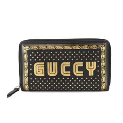 GUCCI GUCCY Printed Round Long Wallet Leather Black Gold 510488 Silver Hardware