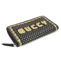 GUCCI GUCCY Printed Round Long Wallet Leather Black Gold 510488 Silver Hardware