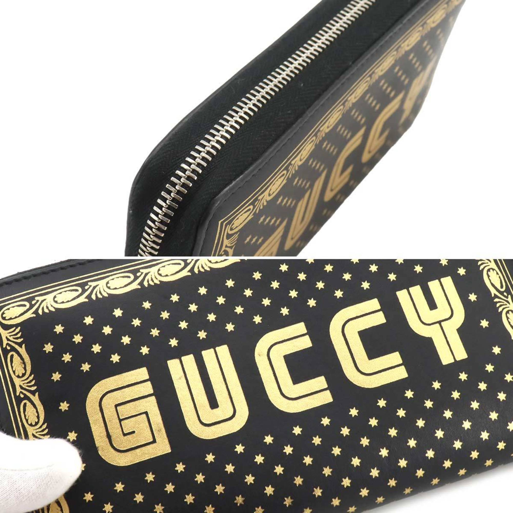 GUCCI GUCCY Printed Round Long Wallet Leather Black Gold 510488 Silver Hardware