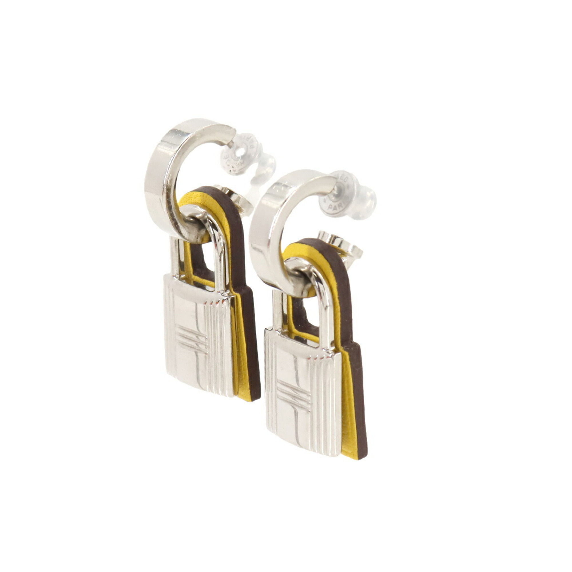 Hermes O'Kelly Earrings Padlock Swing Leather Silver Yellow Y Stamp