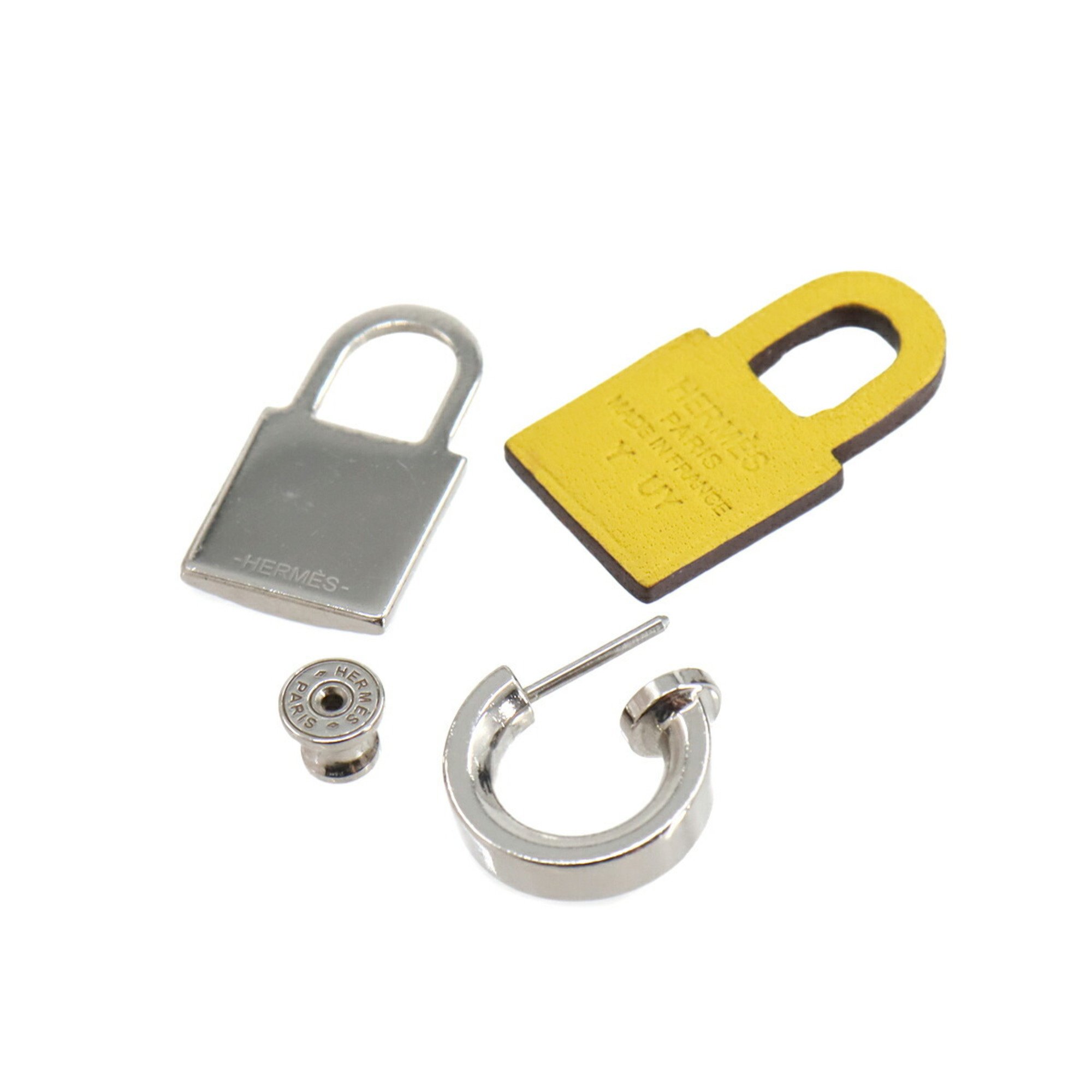 Hermes O'Kelly Earrings Padlock Swing Leather Silver Yellow Y Stamp