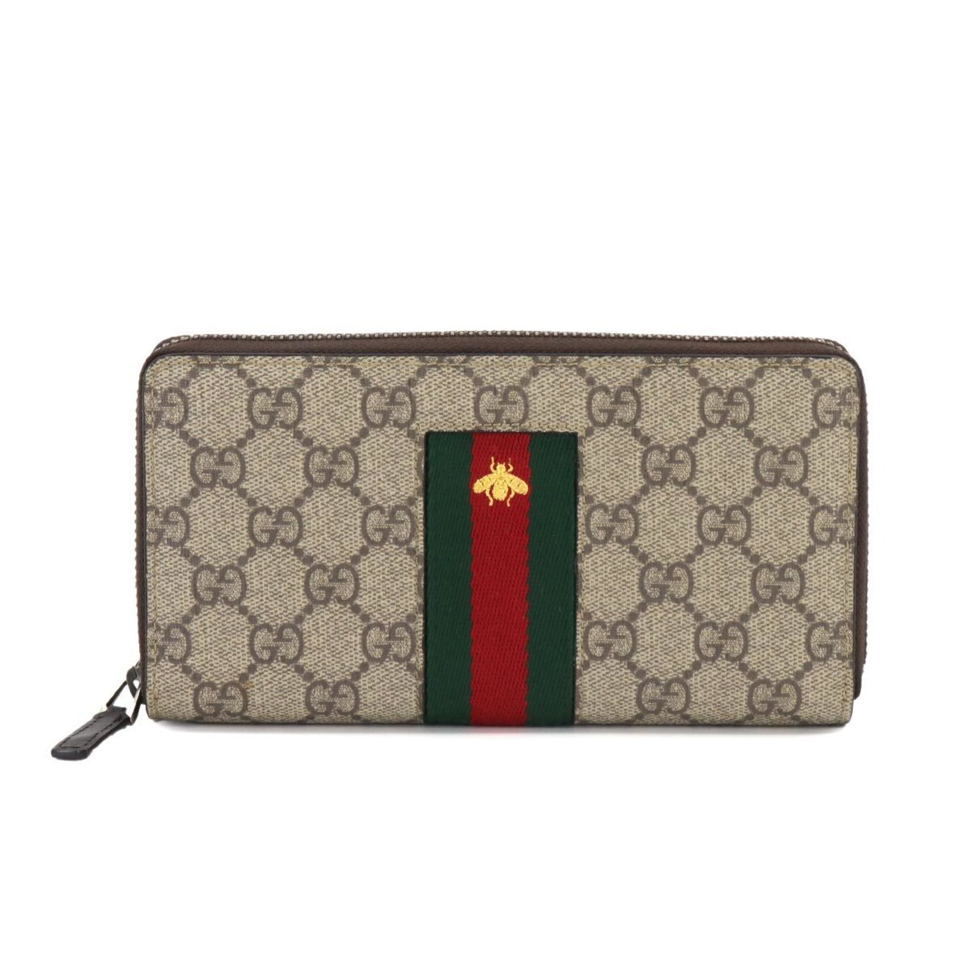 GUCCI GG Supreme Round Long Wallet Beige Brown 408831 Silver Hardware Sherry Line