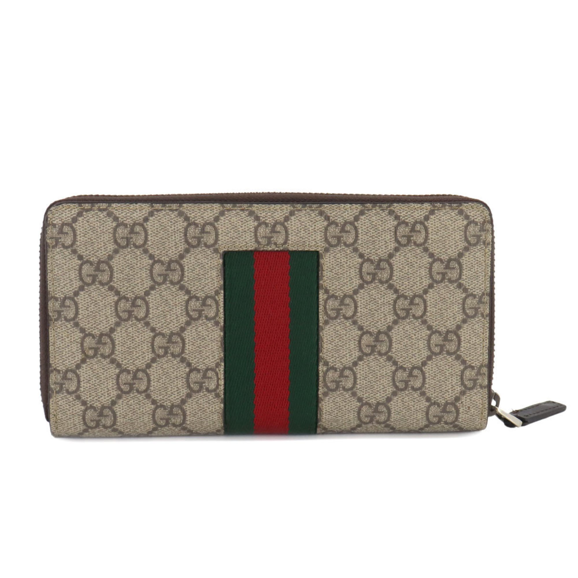 GUCCI GG Supreme Round Long Wallet Beige Brown 408831 Silver Hardware Sherry Line