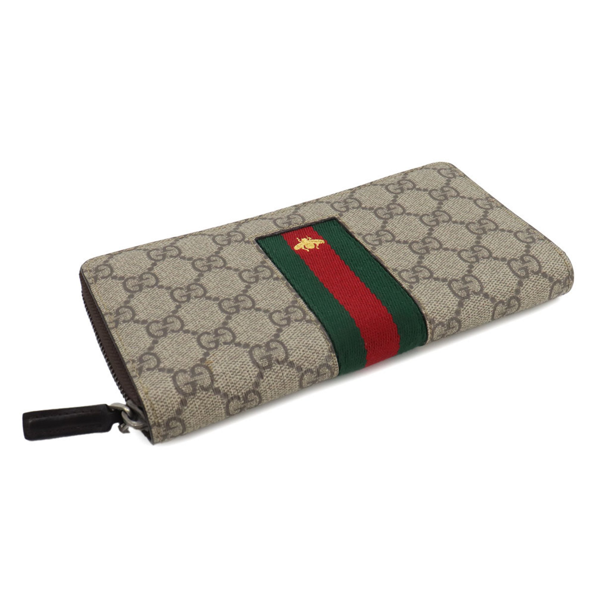 GUCCI GG Supreme Round Long Wallet Beige Brown 408831 Silver Hardware Sherry Line