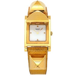 Hermes HERMES Medor Ladies Watch Pyramid Gold Studs White Yellow Leather Quartz