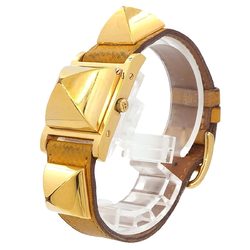 Hermes HERMES Medor Ladies Watch Pyramid Gold Studs White Yellow Leather Quartz