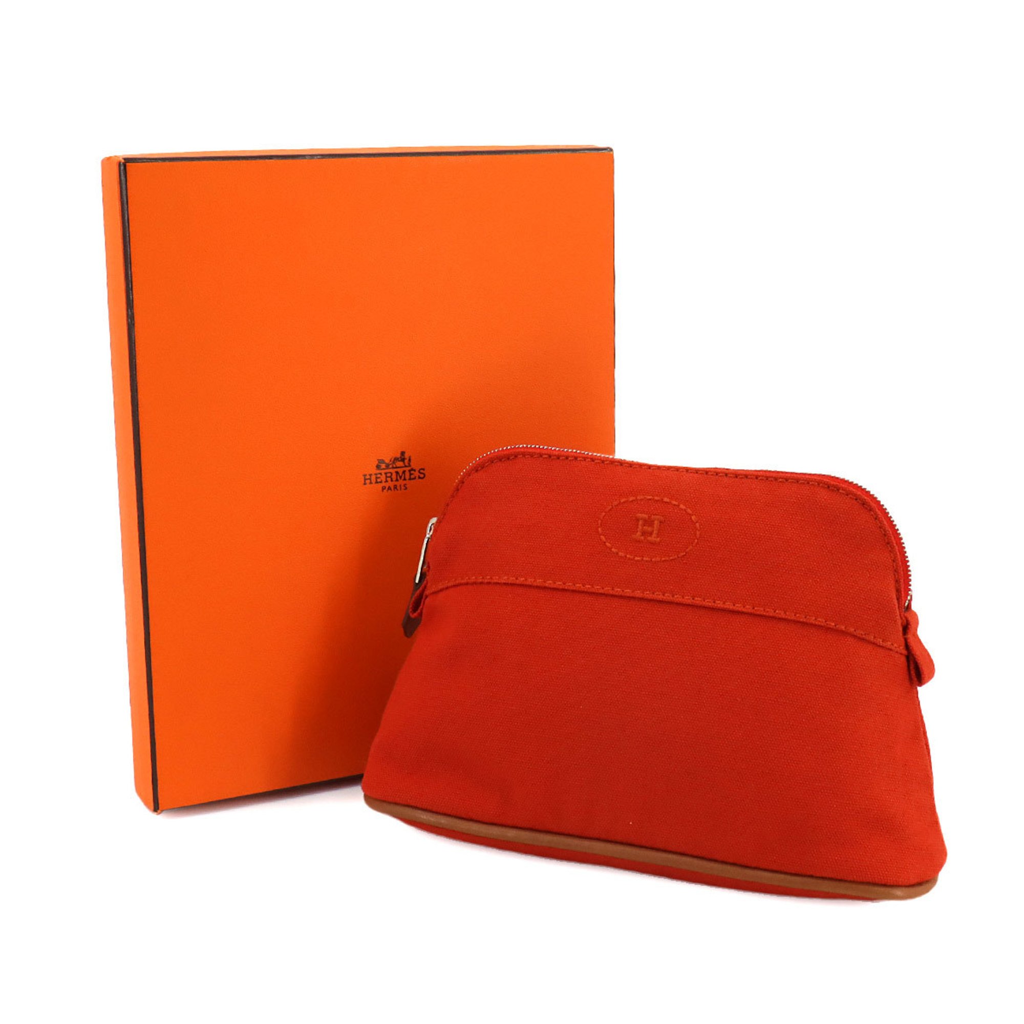 Hermes Bolide Pouch Cotton Canvas Leather Orange Silver Hardware