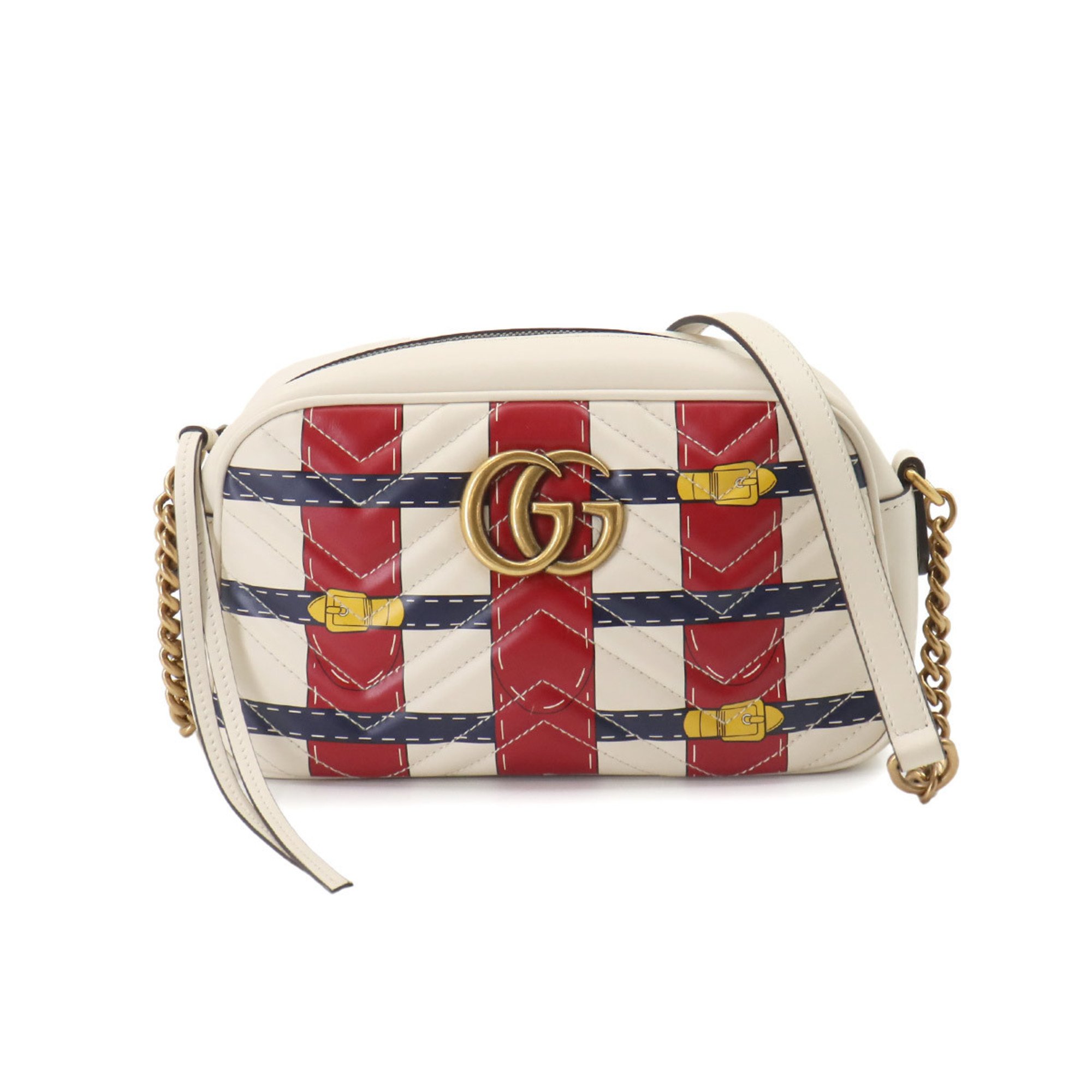 GUCCI GG Marmont Quilted Small Chain Shoulder Bag Leather Ivory Red Navy 447632