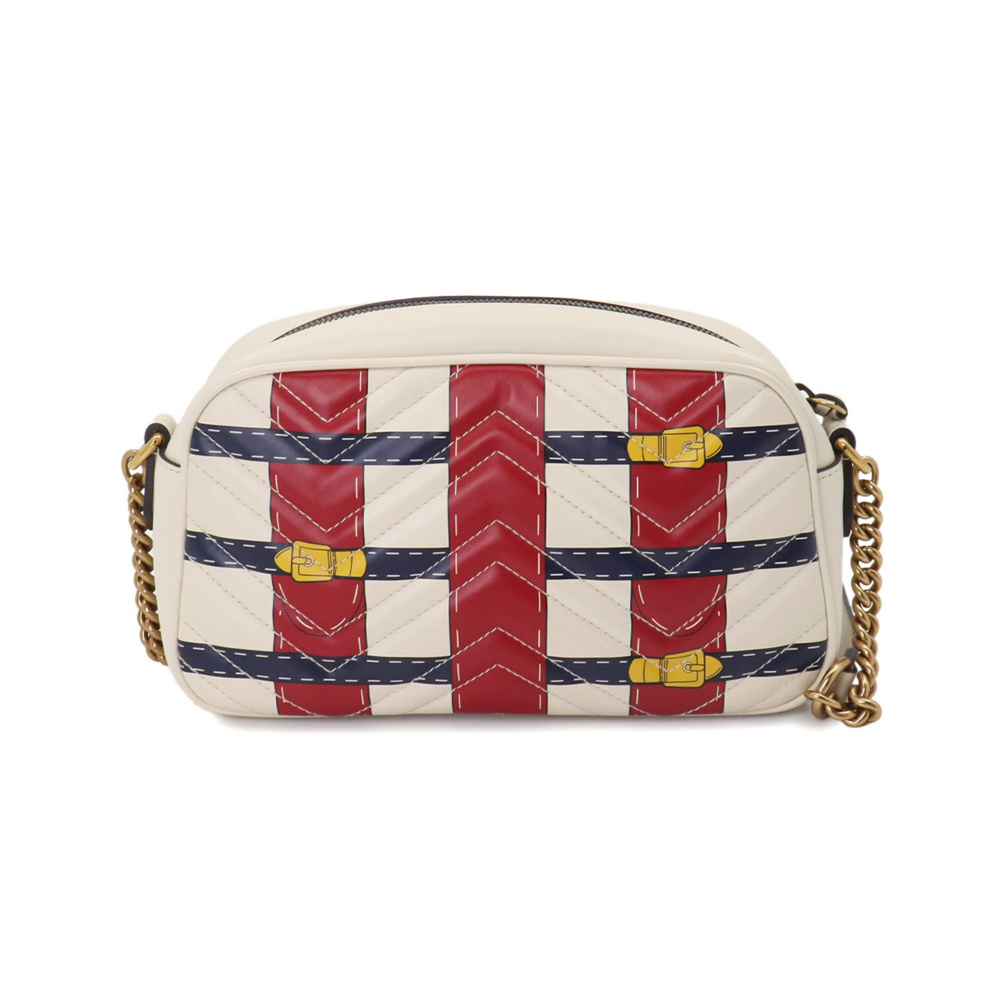 GUCCI GG Marmont Quilted Small Chain Shoulder Bag Leather Ivory Red Navy 447632