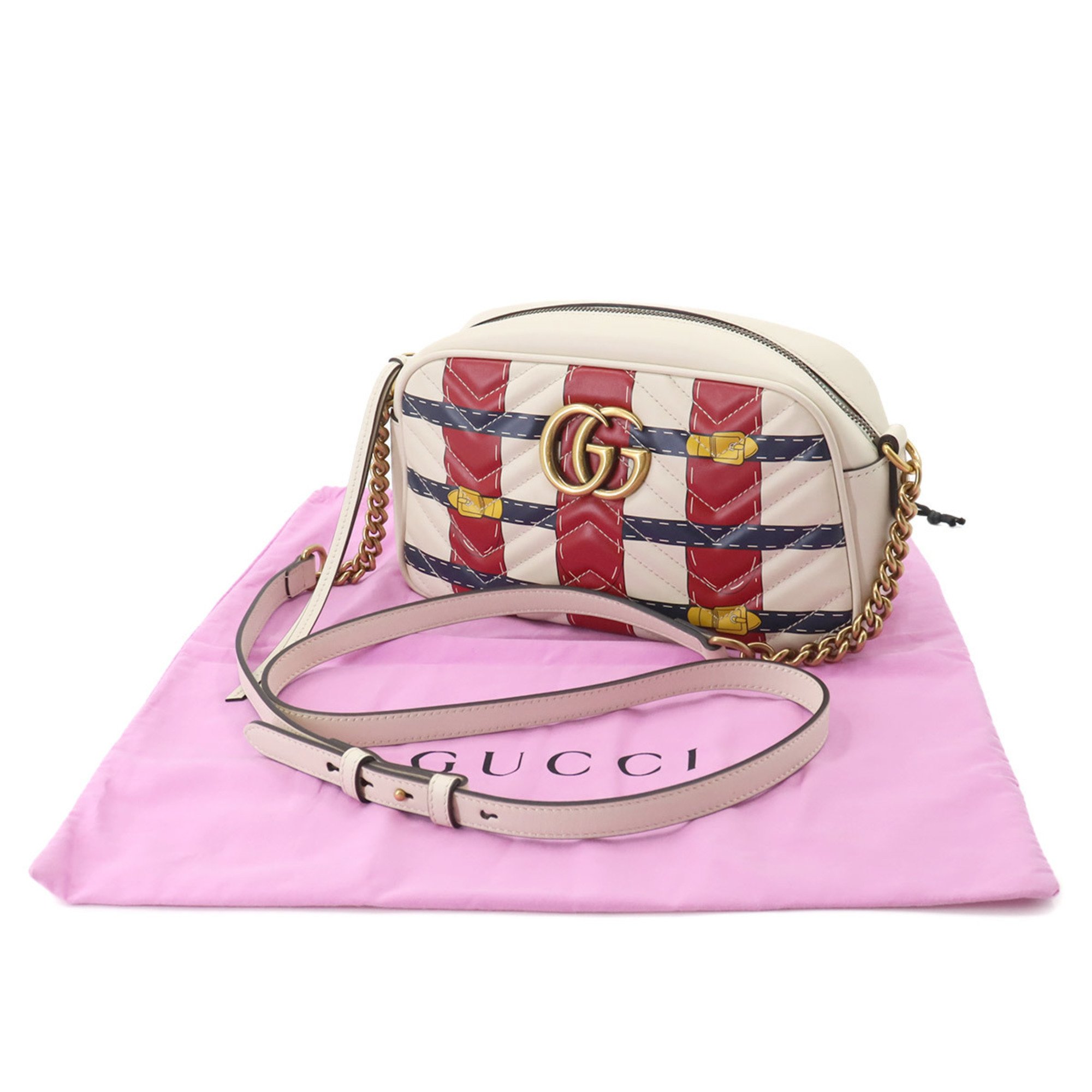 GUCCI GG Marmont Quilted Small Chain Shoulder Bag Leather Ivory Red Navy 447632