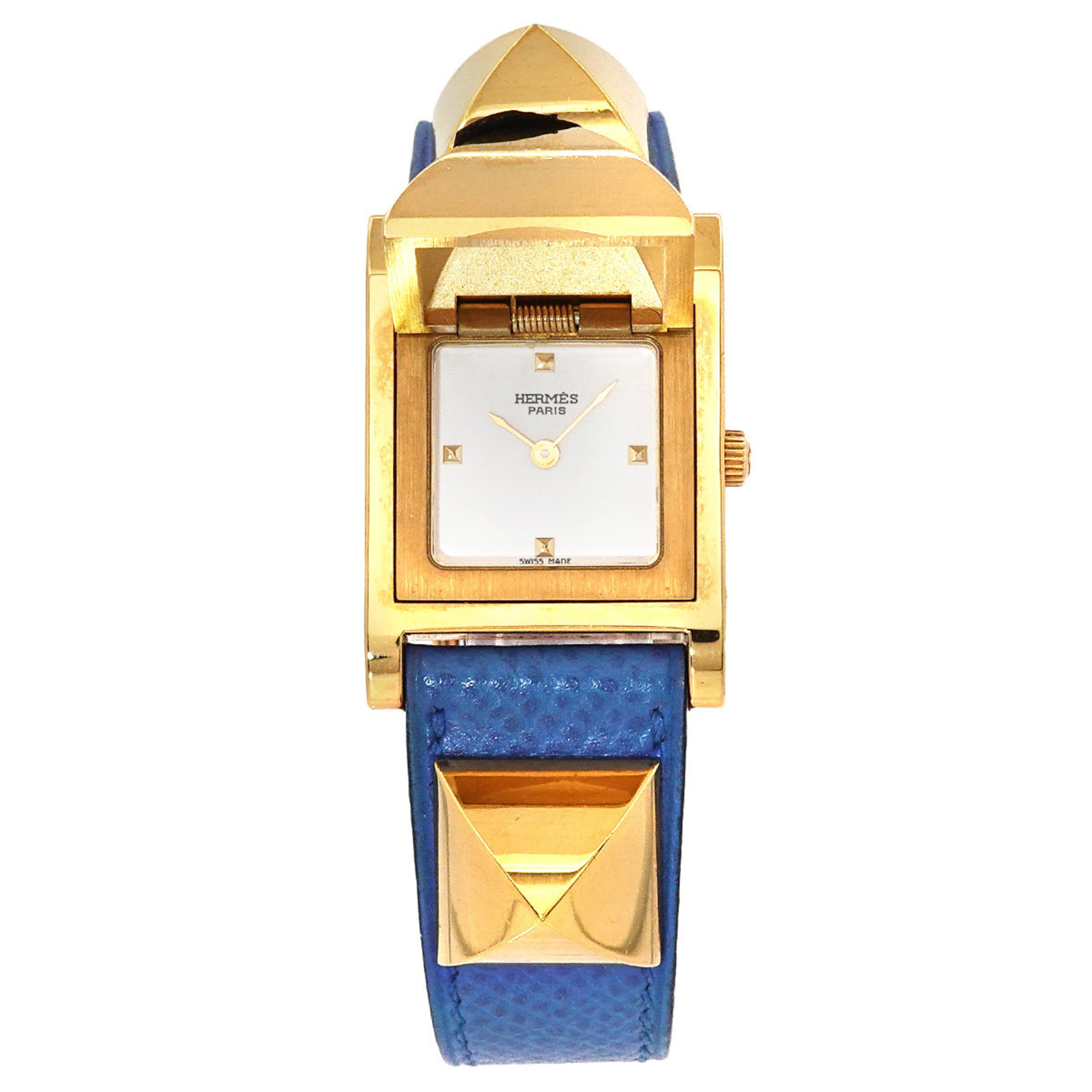 Hermes Medor Women's Watch Pyramid Gold Studs White Blue Leather Quartz