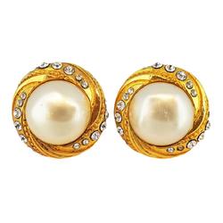 Chanel Earrings Circle Faux Pearl Rhinestone GP Plated Gold Women's