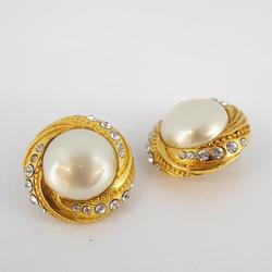 Chanel Earrings Circle Faux Pearl Rhinestone GP Plated Gold Women's