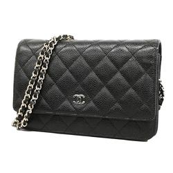 Chanel Shoulder Wallet Matelasse Chain Caviar Skin Black Women's