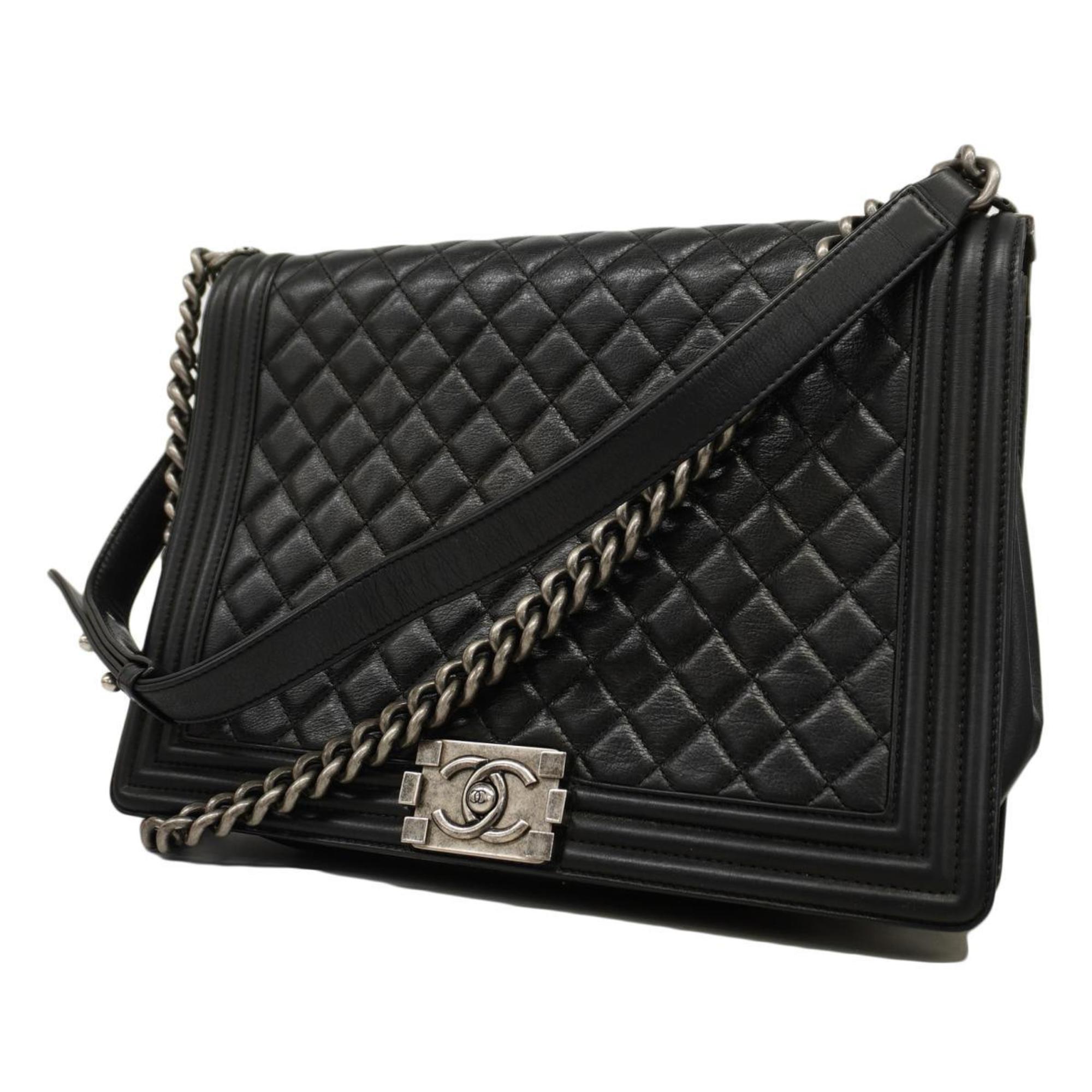 Chanel Shoulder Bag Boy Chain Leather Black Women's