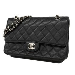 Chanel Shoulder Bag Matelasse W Flap Chain Caviar Skin Black Women's