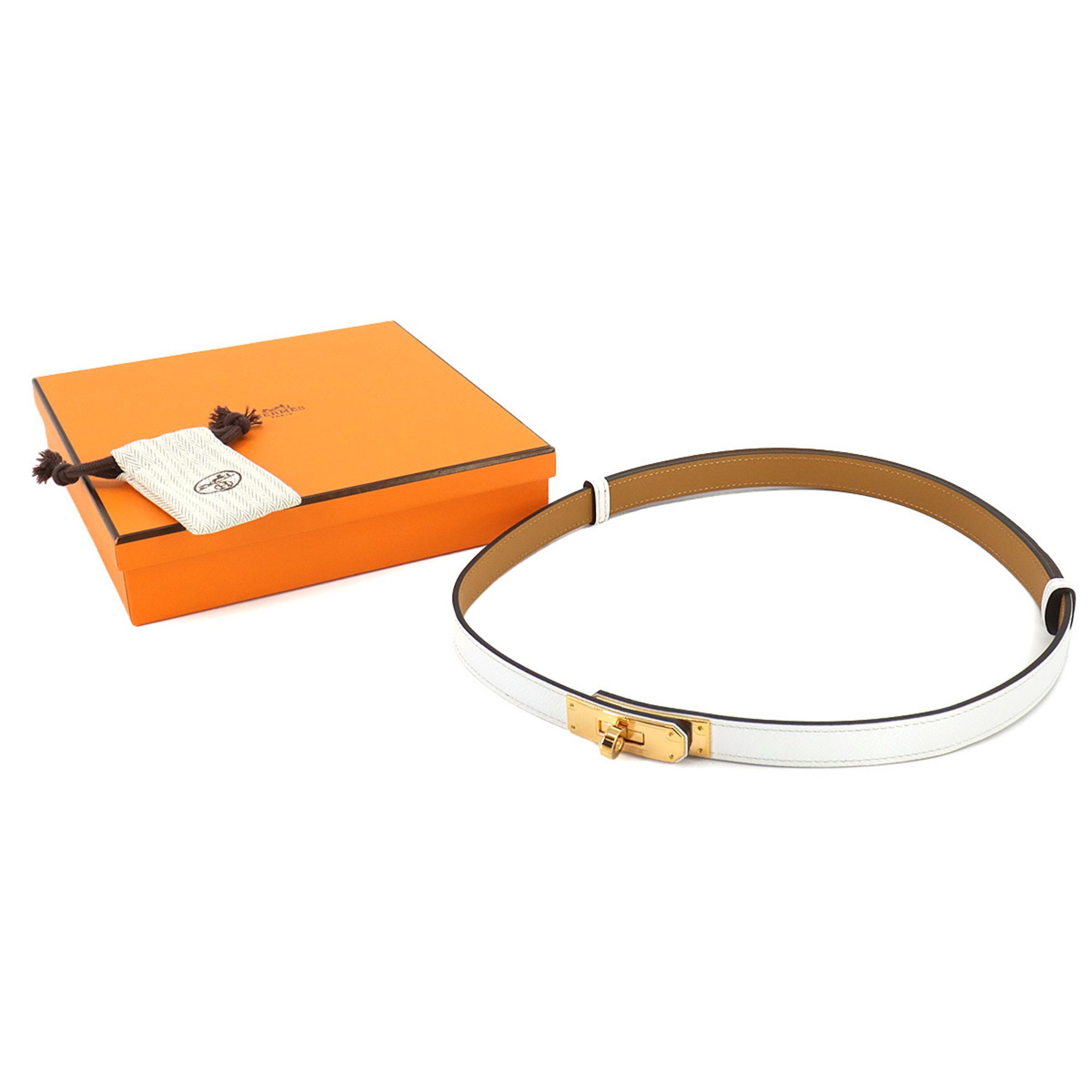 Hermes Kelly Belt Epson New White B Stamp Pink Gold Hardware