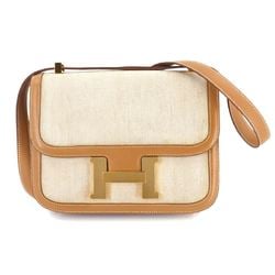 Hermes HERMES Constance 23 Shoulder Bag Toile H Leather Beige Brown 〇I Engraved Gold Hardware