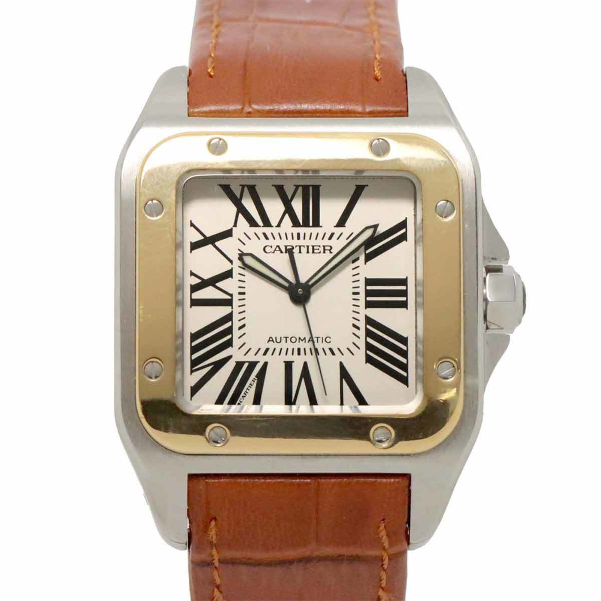 Cartier Santos 100 LM Combi W20072X7 Men's Watch Silver K18YG Yellow Gold Automatic Self-Winding