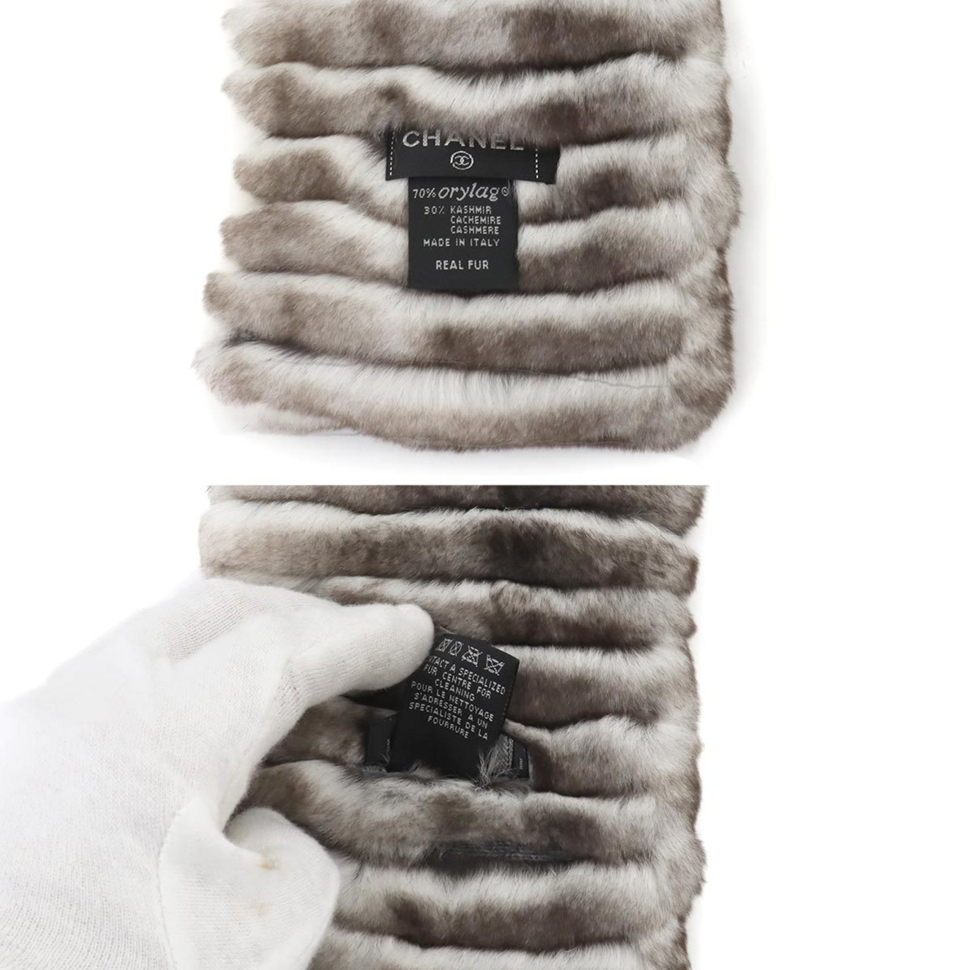 CHANEL Orylag Fur Scarf Lapin Rabbit Cashmere White Brown Coco Mark Winter