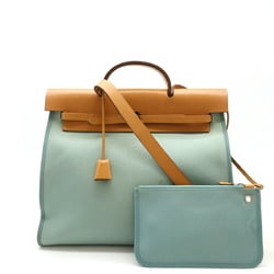 HERMES Hermes Airbag Zip MM Handbag Shoulder Bag Toile Officier Leather Blue Green □M Stamp