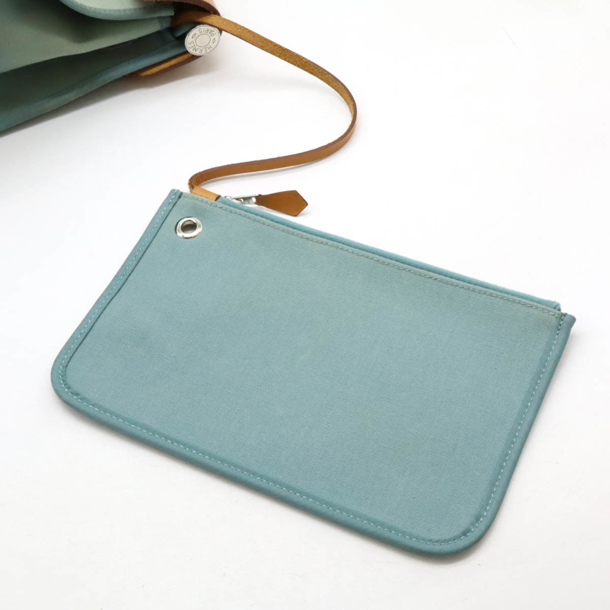 HERMES Hermes Airbag Zip MM Handbag Shoulder Bag Toile Officier Leather Blue Green □M Stamp