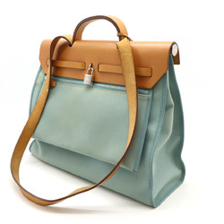 HERMES Hermes Airbag Zip MM Handbag Shoulder Bag Toile Officier Leather Blue Green □M Stamp