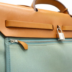 HERMES Hermes Airbag Zip MM Handbag Shoulder Bag Toile Officier Leather Blue Green □M Stamp