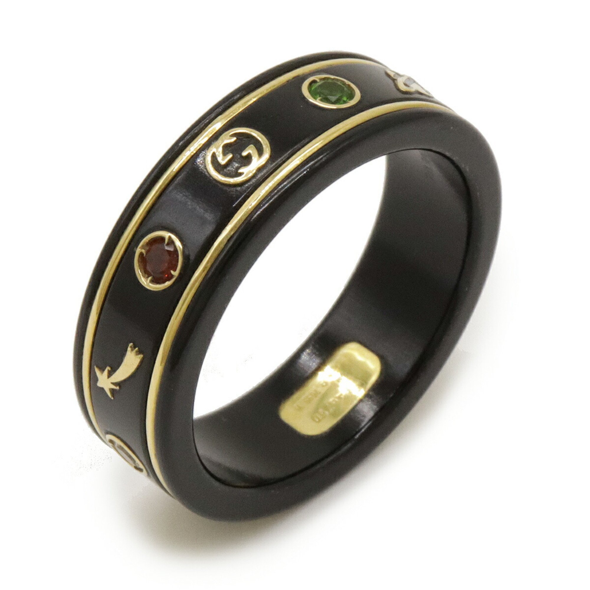 GUCCI Icon Gemstone Ring, Black Synthetic Corundum, Rhinestone, K18YG Yellow Gold, #22, Size 21, 527095