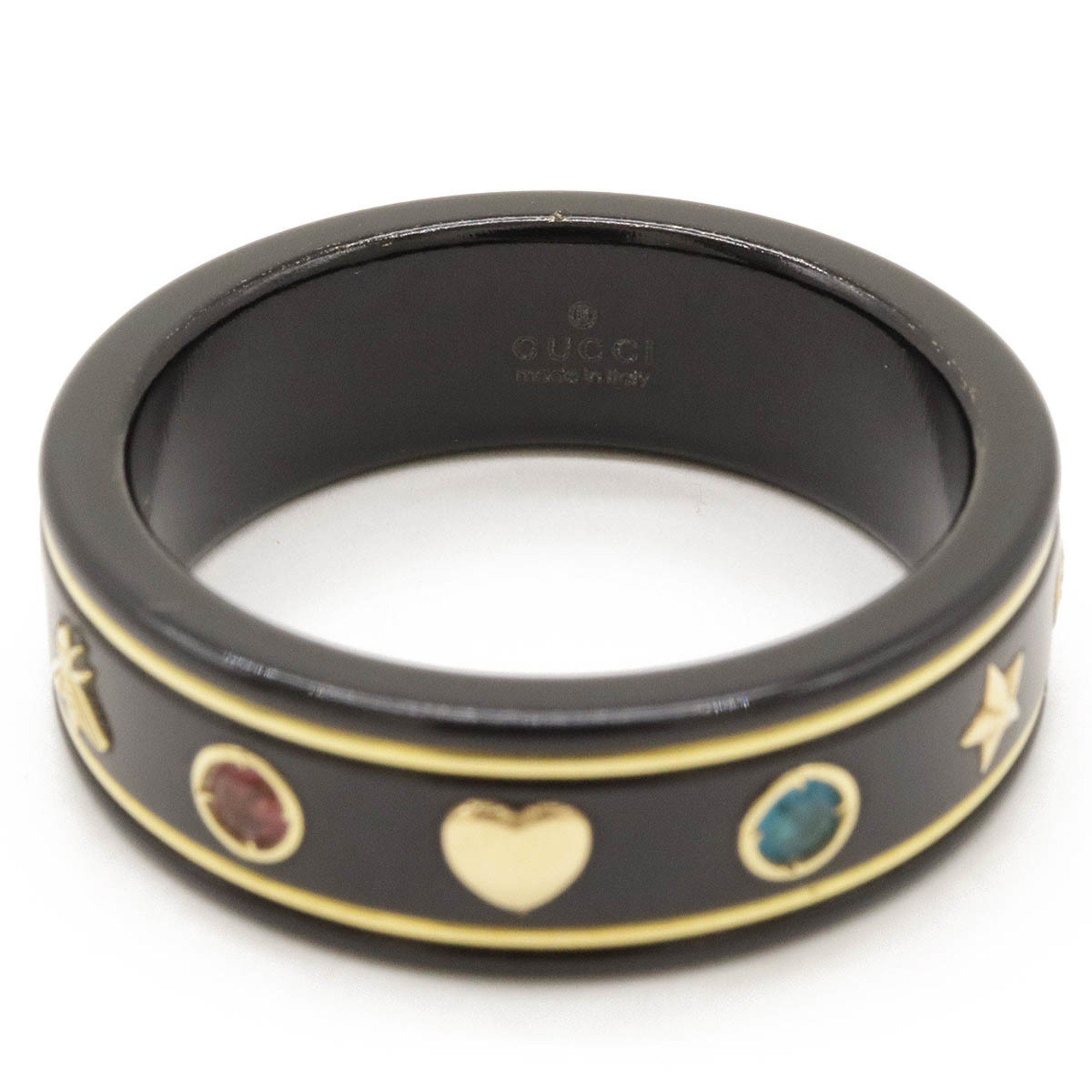 GUCCI Icon Gemstone Ring, Black Synthetic Corundum, Rhinestone, K18YG Yellow Gold, #22, Size 21, 527095