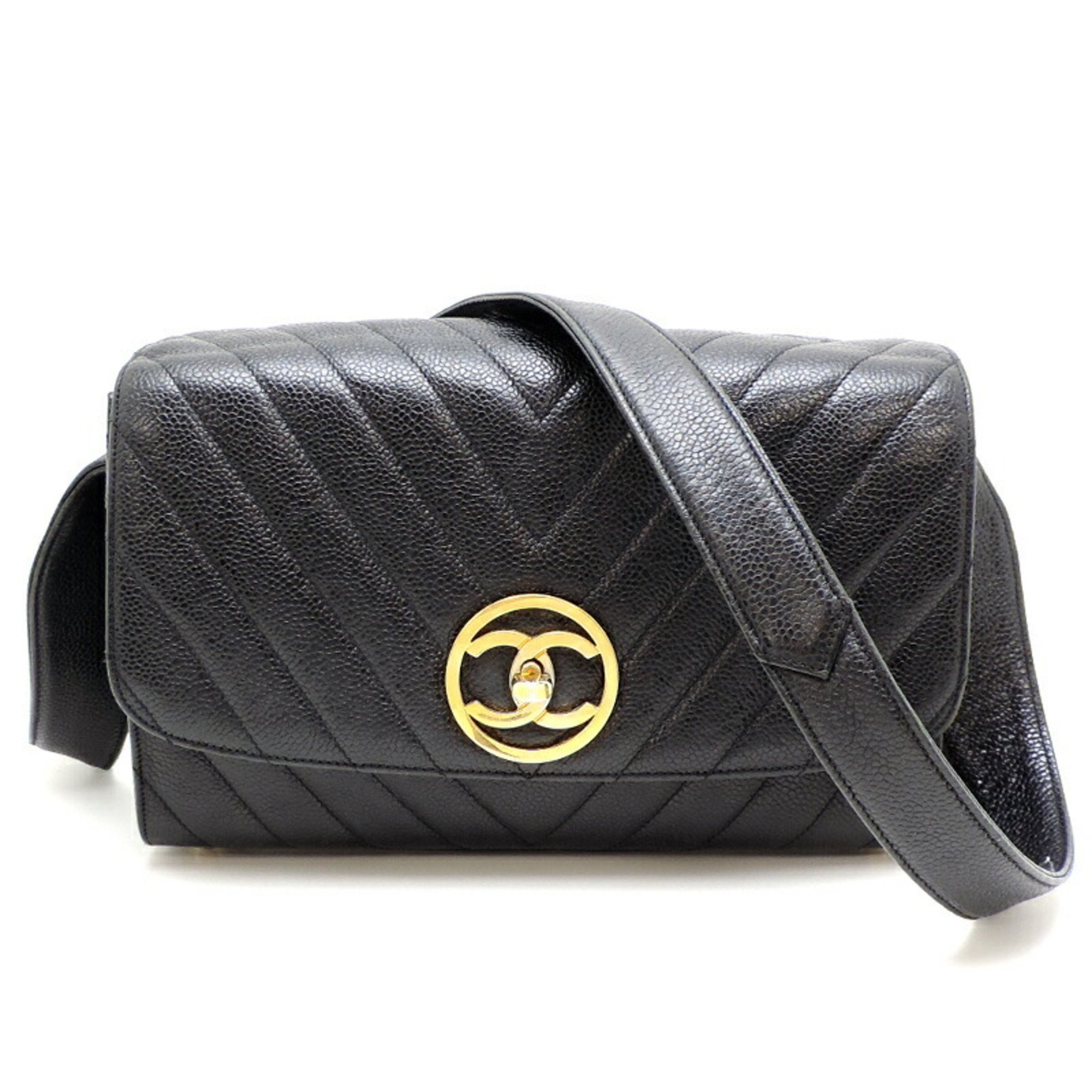 Chanel V-stitch women's shoulder bag in caviar skin, black