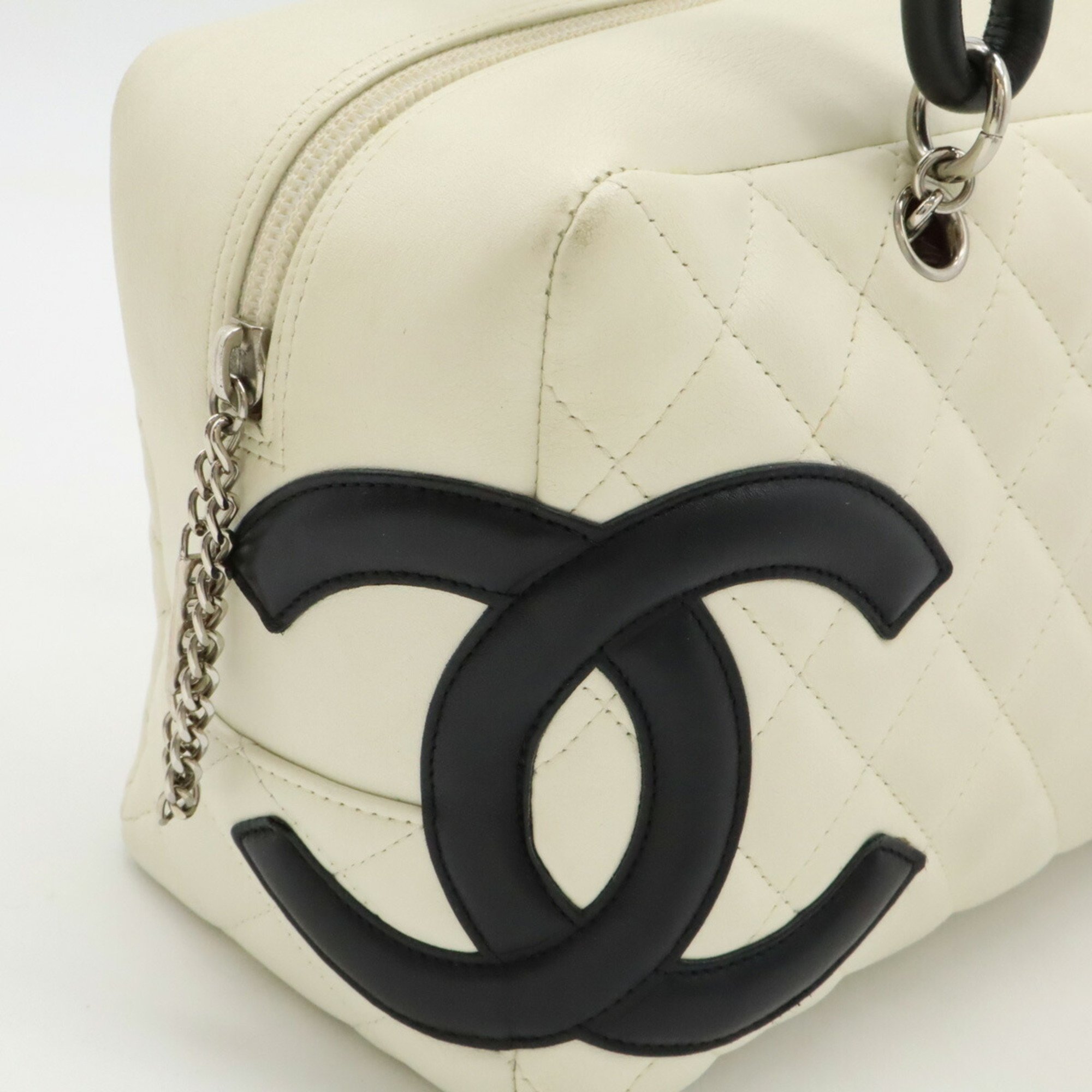 CHANEL Cambon Line Bag Bowling Shoulder Leather White Black A25171