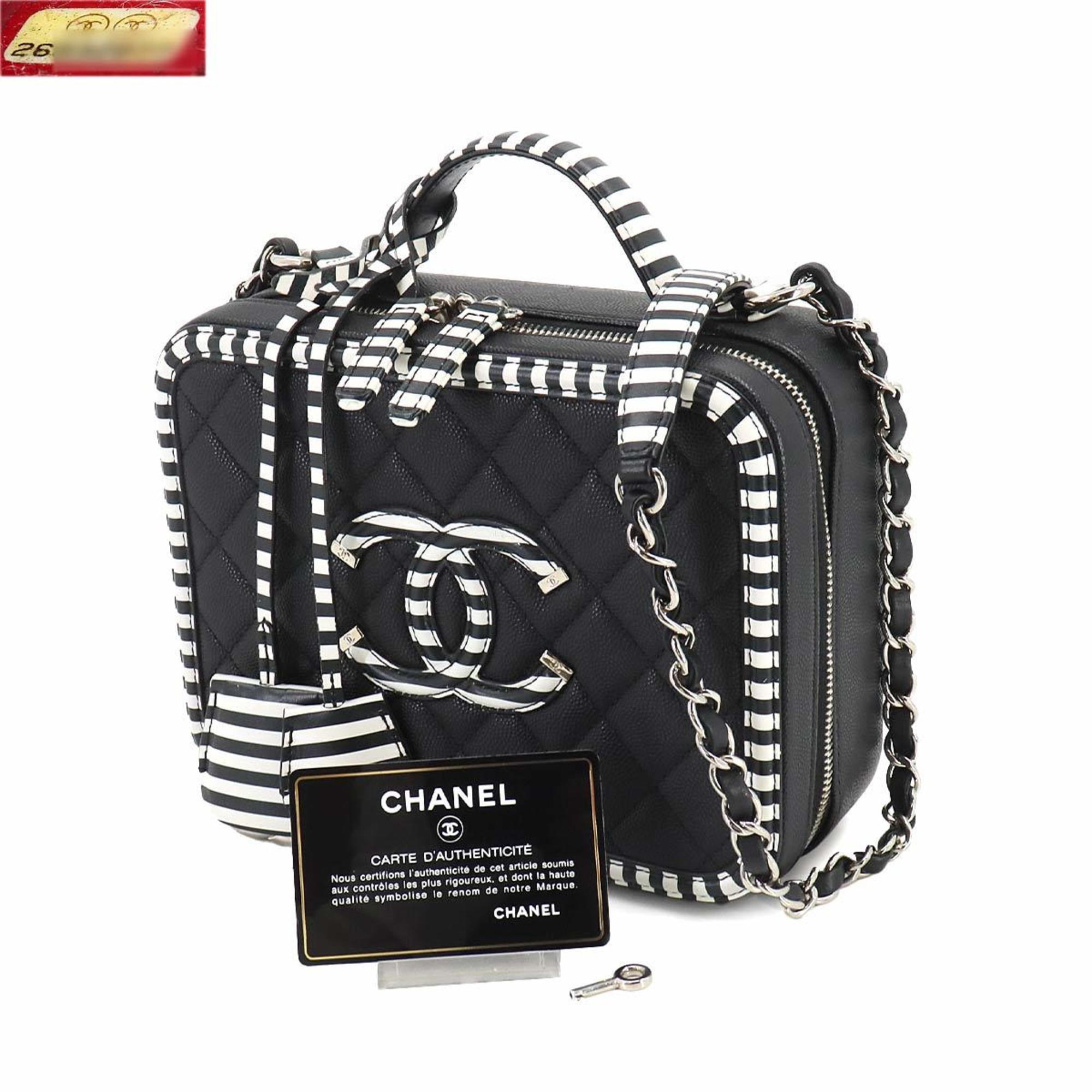 CHANEL CC Filigree 2way Vanity Shoulder Bag Caviar Skin Black White A93343