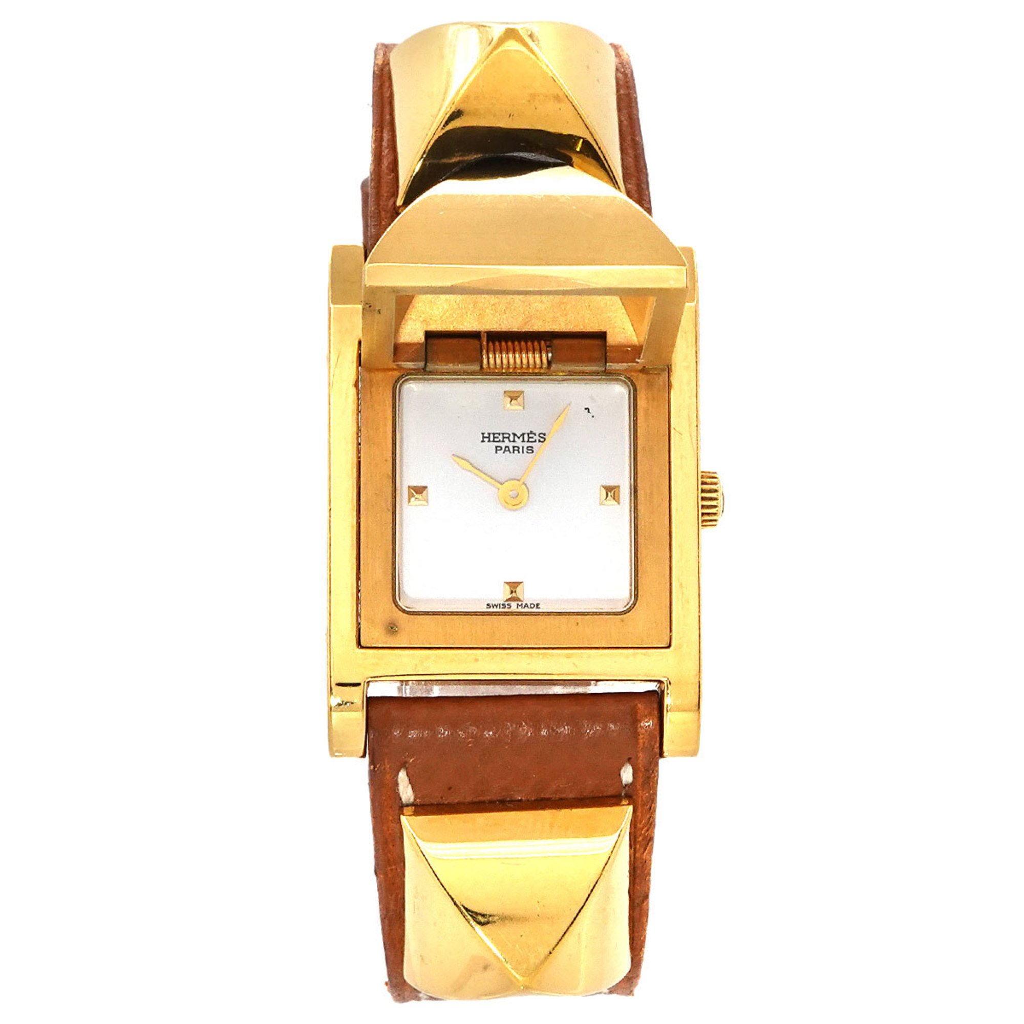 Hermes Medor Women's Watch Pyramid Gold Studs White Brown Leather Quartz