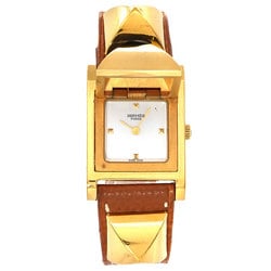 Hermes Medor Women's Watch Pyramid Gold Studs White Brown Leather Quartz