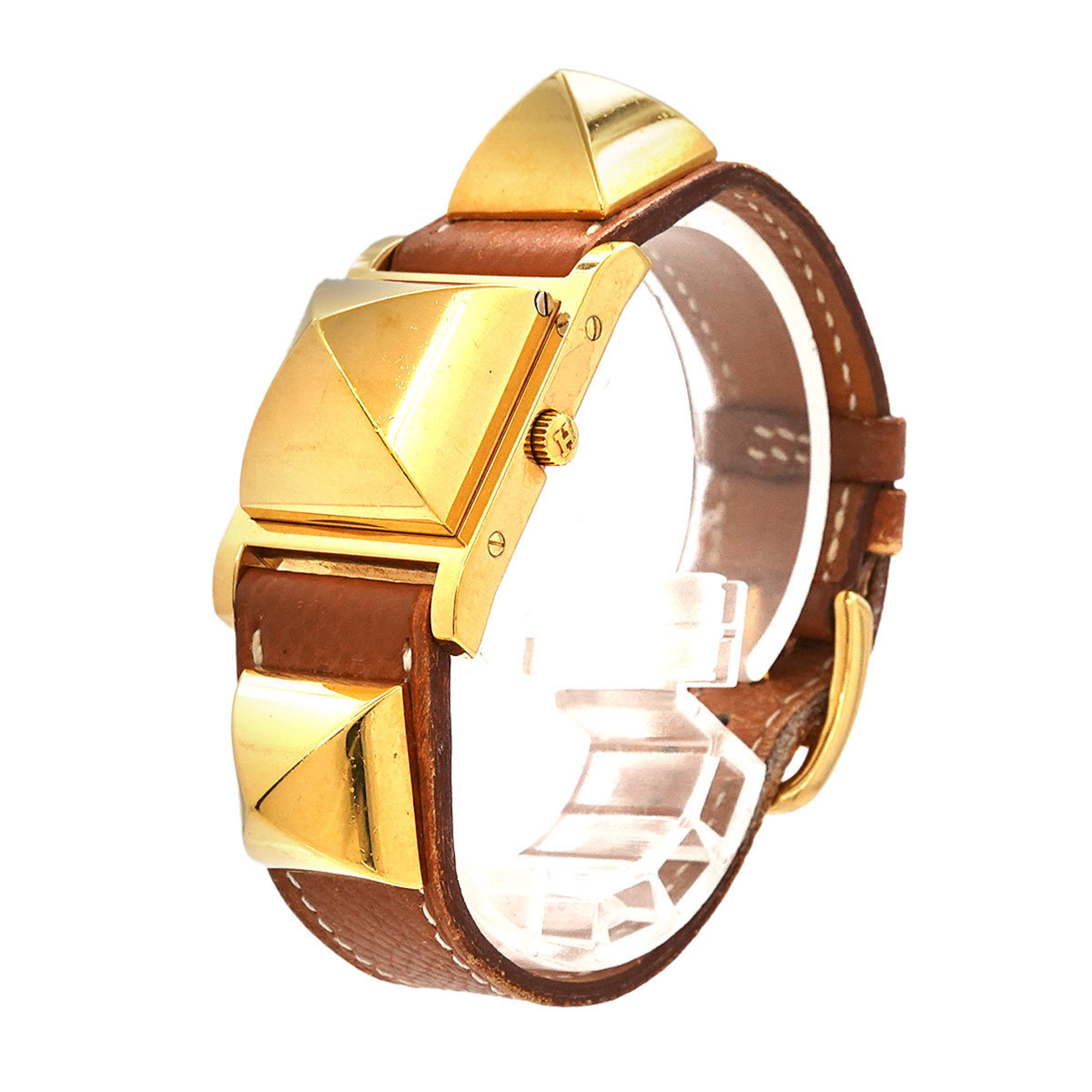 Hermes Medor Women's Watch Pyramid Gold Studs White Brown Leather Quartz