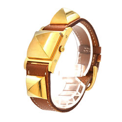 Hermes Medor Women's Watch Pyramid Gold Studs White Brown Leather Quartz