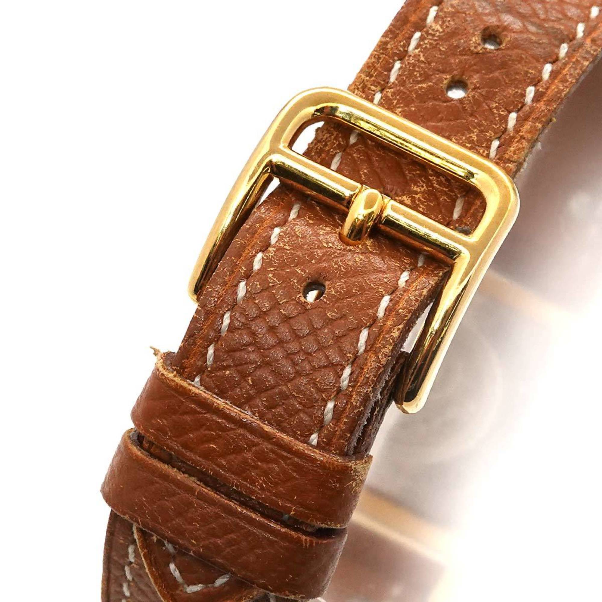 Hermes Medor Women's Watch Pyramid Gold Studs White Brown Leather Quartz