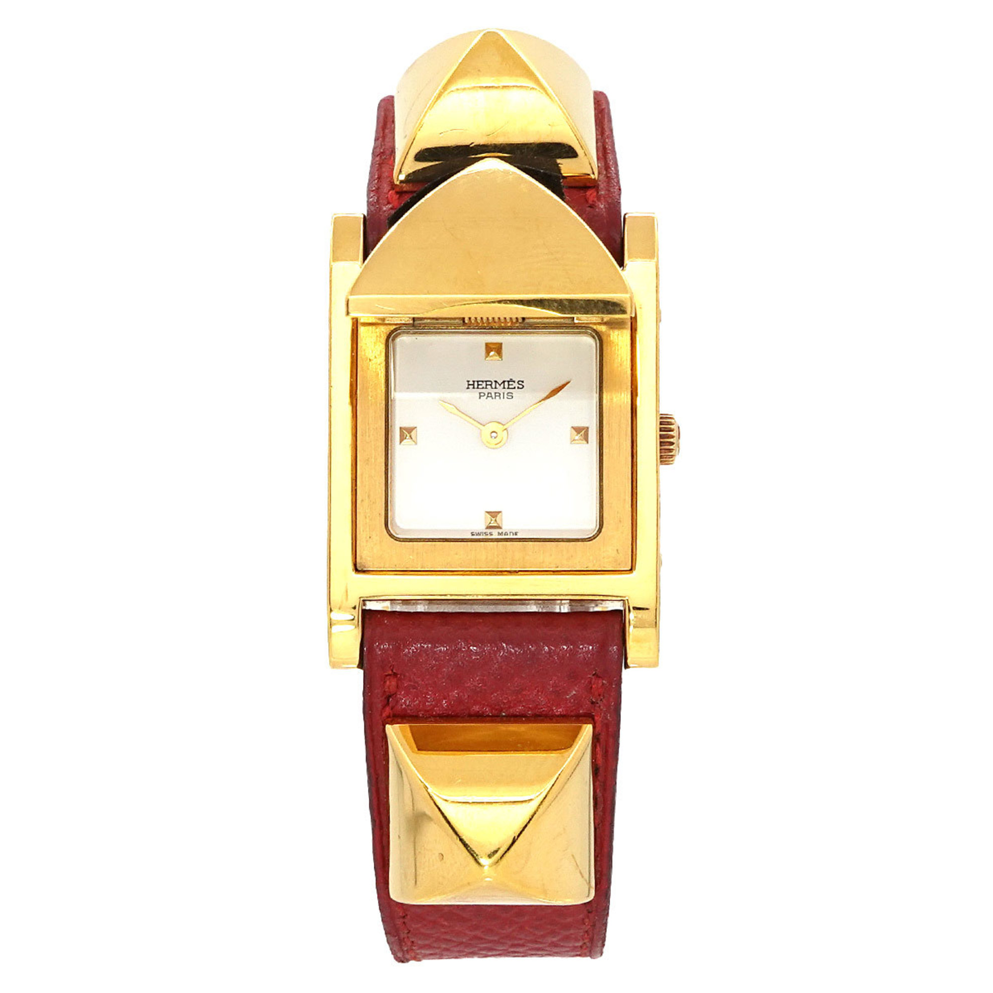 Hermes Medor Ladies Watch Pyramid Gold Studs White Red Leather Quartz