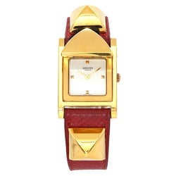 Hermes Medor Ladies Watch Pyramid Gold Studs White Red Leather Quartz