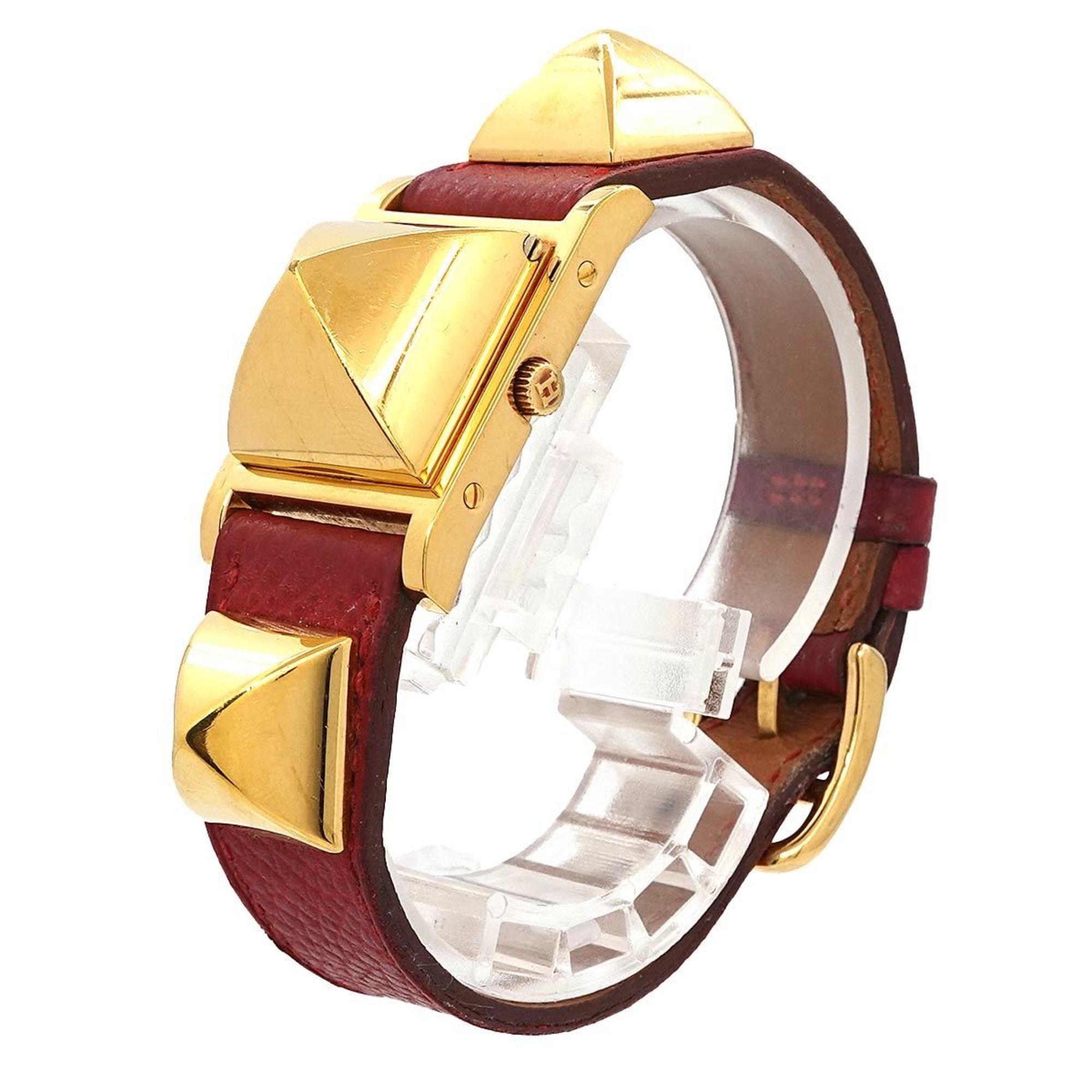 Hermes Medor Ladies Watch Pyramid Gold Studs White Red Leather Quartz