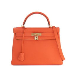 Hermes Kelly 32 2way hand shoulder bag, Taurillon Clemence, orange poppy, inner stitching, T engraved, gold hardware,