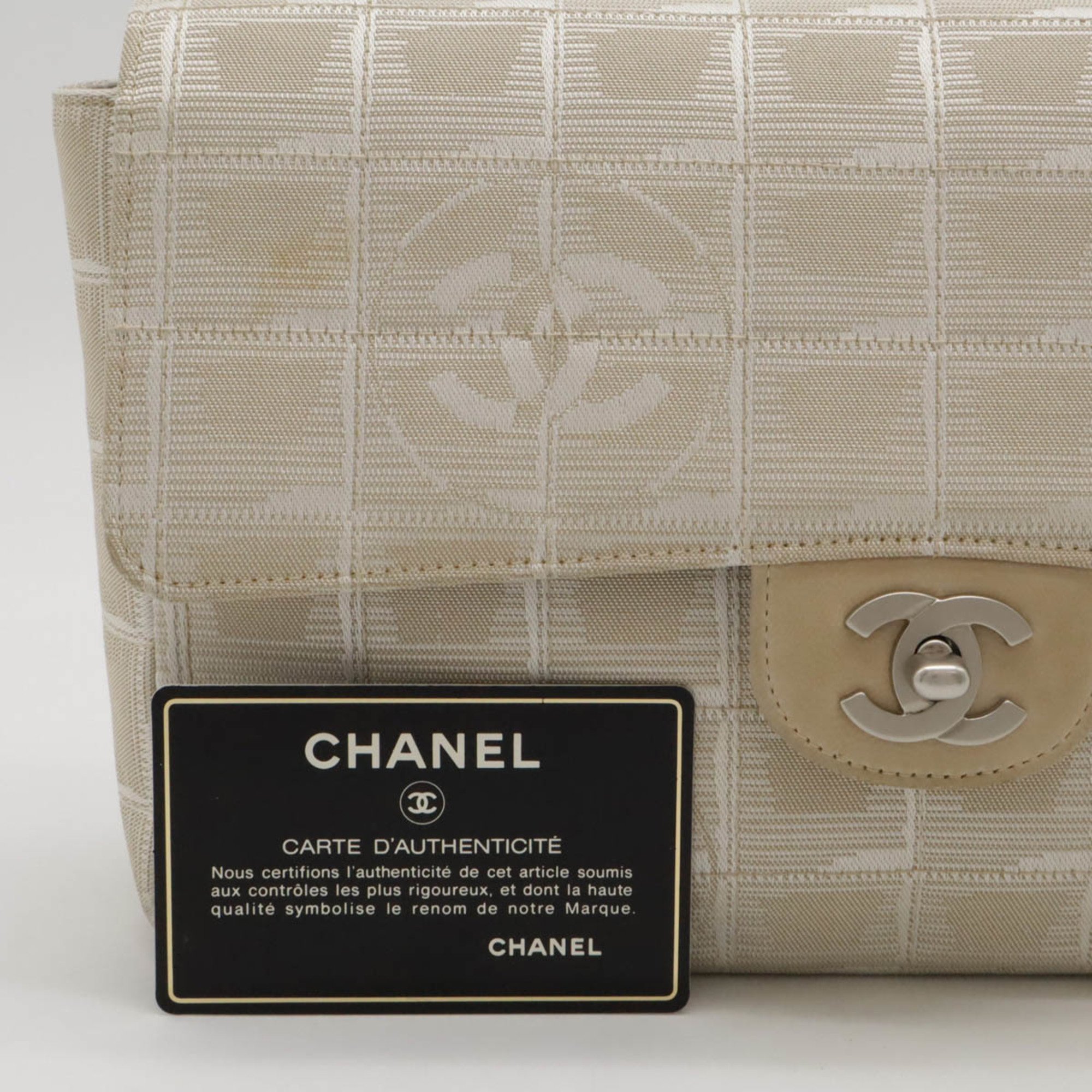 CHANEL New Travel Line Shoulder Bag Chain Nylon Jacquard Leather Beige A15285