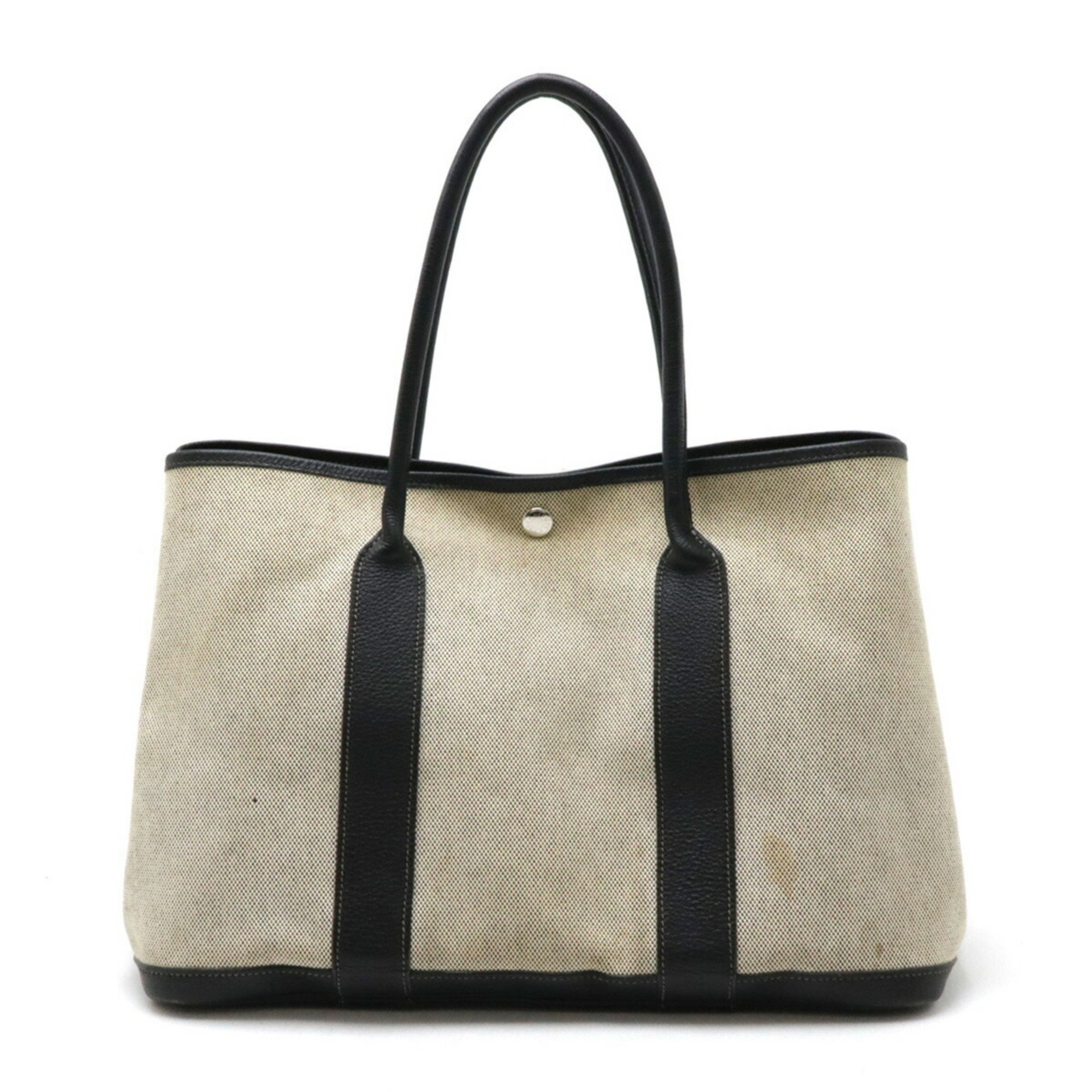 HERMES Garden PM Tote Bag Handbag Toile H Canvas Leather Gray Black □J Stamp