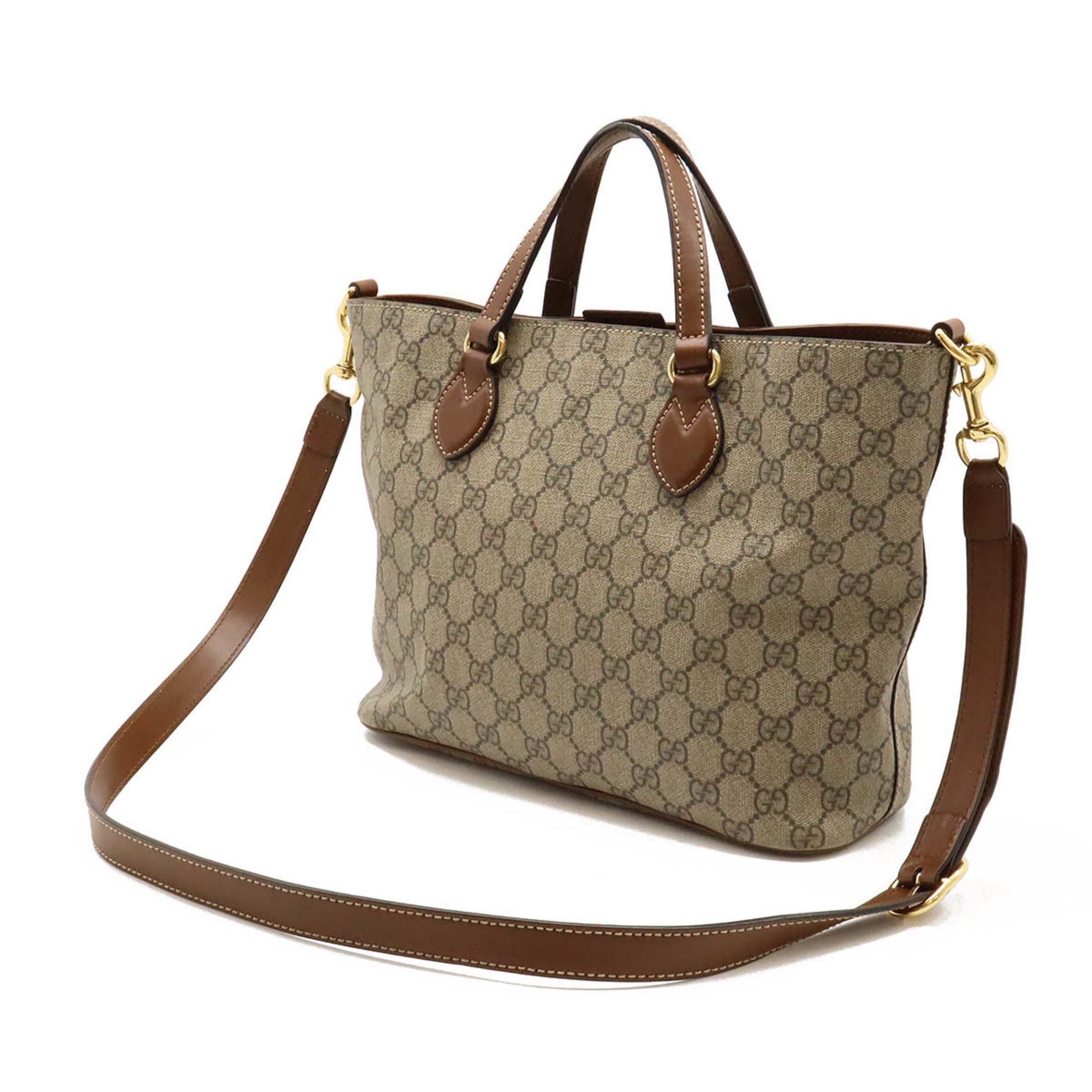 GUCCI GG Supreme handbag, tote bag, shoulder PVC, leather, beige, brown, 473887