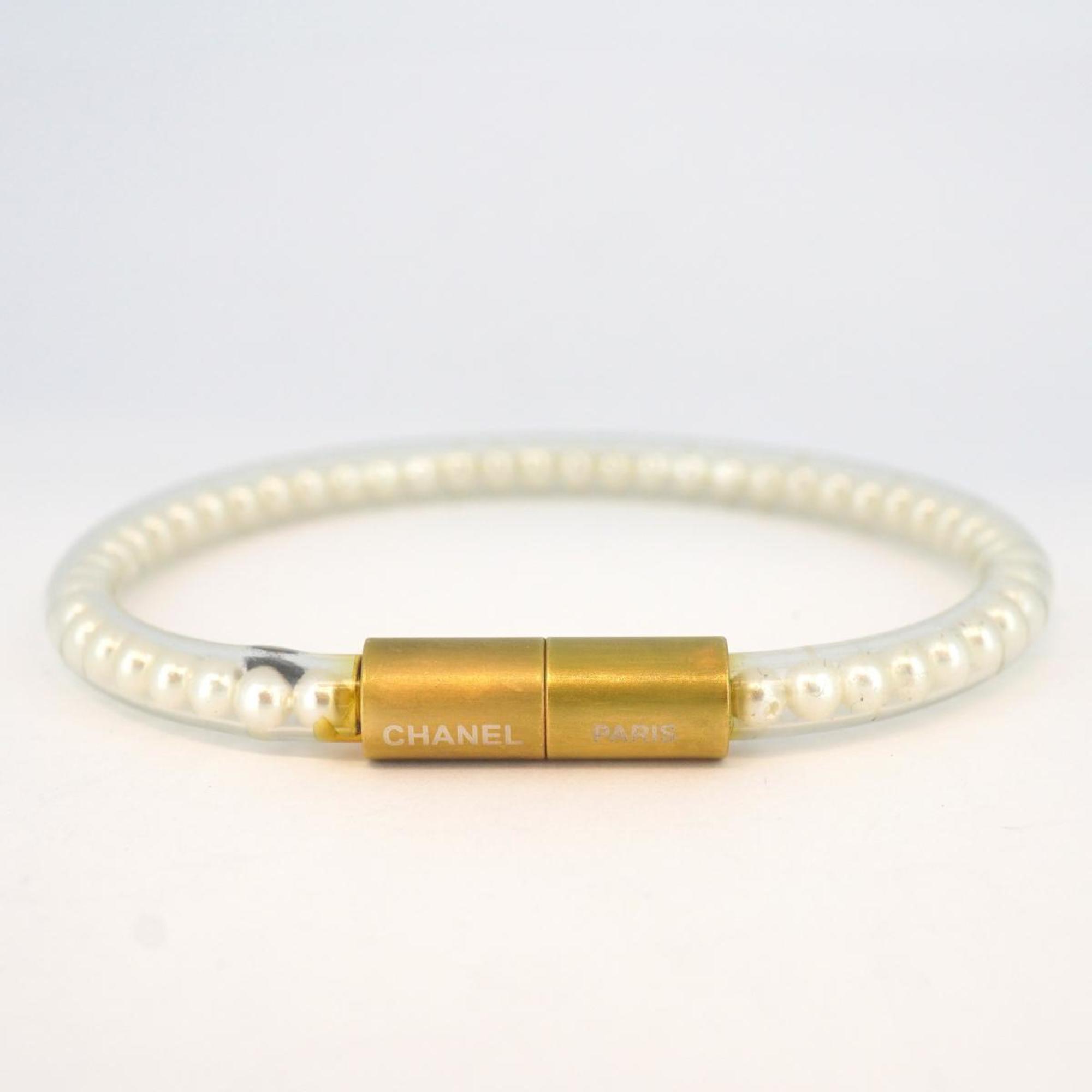 Chanel Bracelet Faux Pearl GP Plated Vinyl Gold Women's