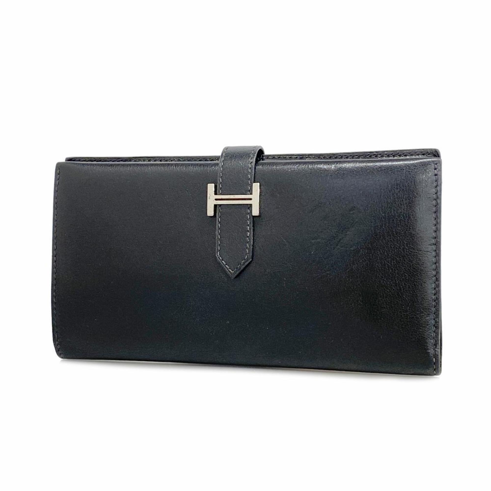 Hermes Long Wallet Bearn G Stamp Veau Gulliver Black Men's Women's