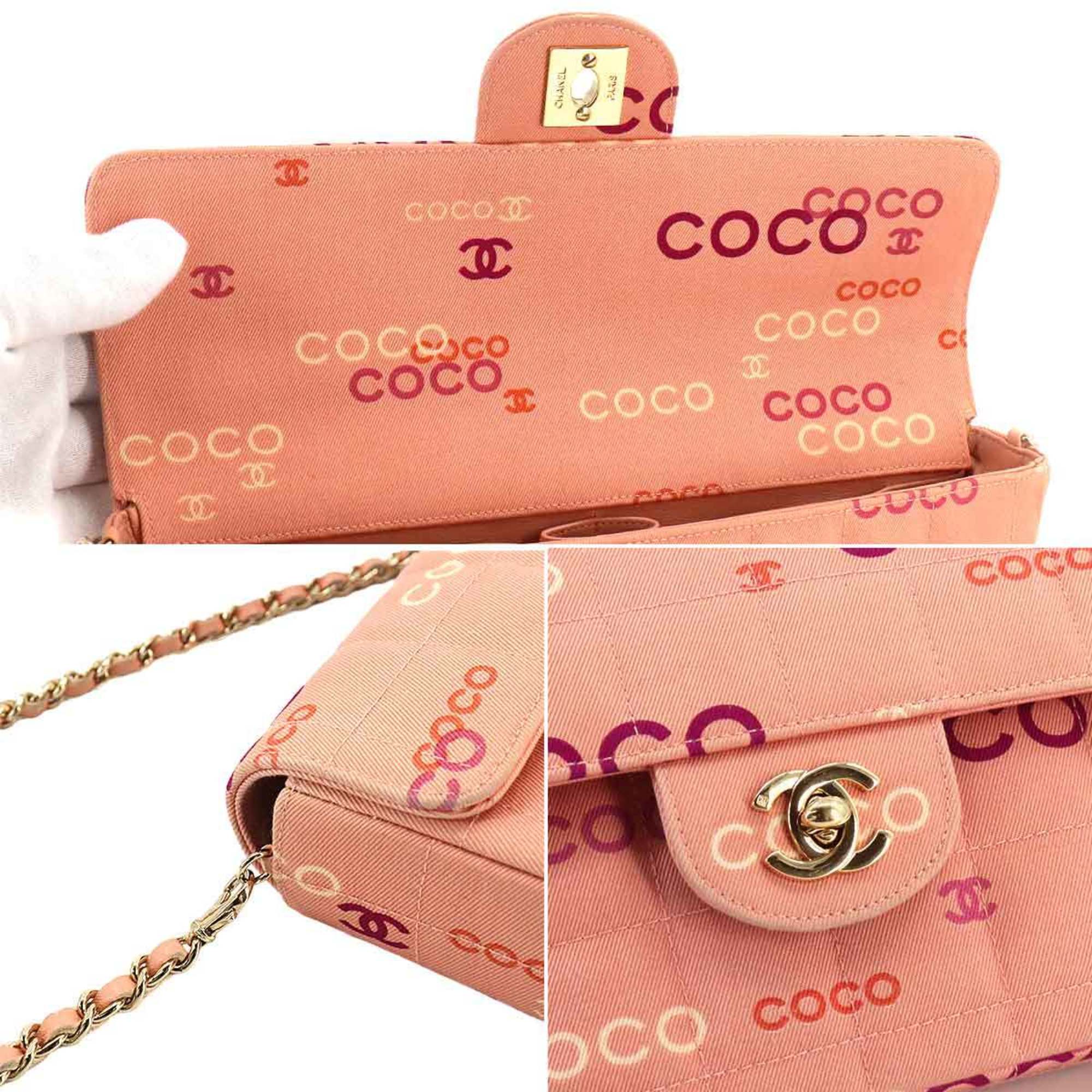 CHANEL Chocolate Bar Chain Shoulder Bag Canvas Leather Pink Gold Metal Fittings