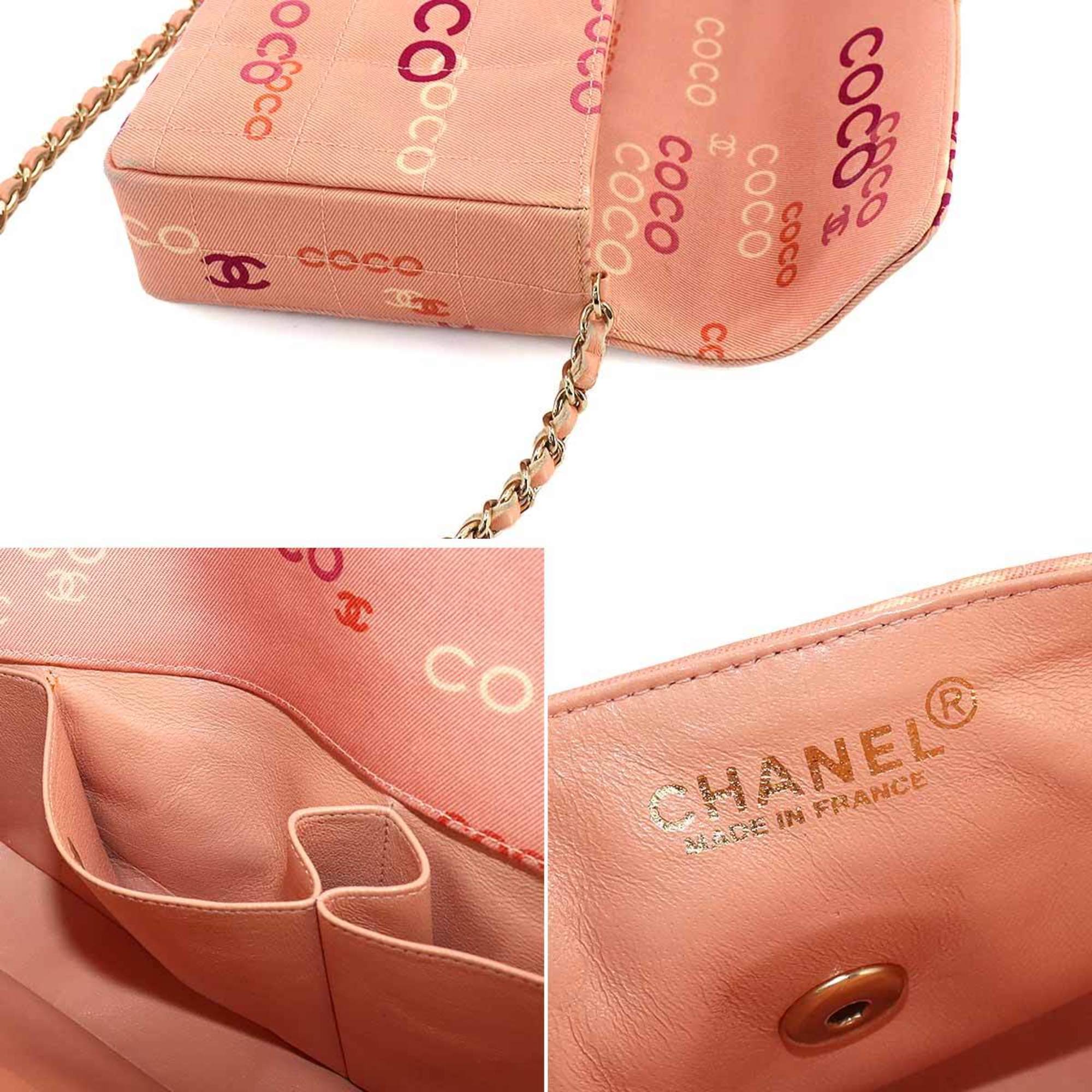 CHANEL Chocolate Bar Chain Shoulder Bag Canvas Leather Pink Gold Metal Fittings