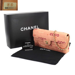 CHANEL Chocolate Bar Chain Shoulder Bag Canvas Leather Pink Gold Metal Fittings